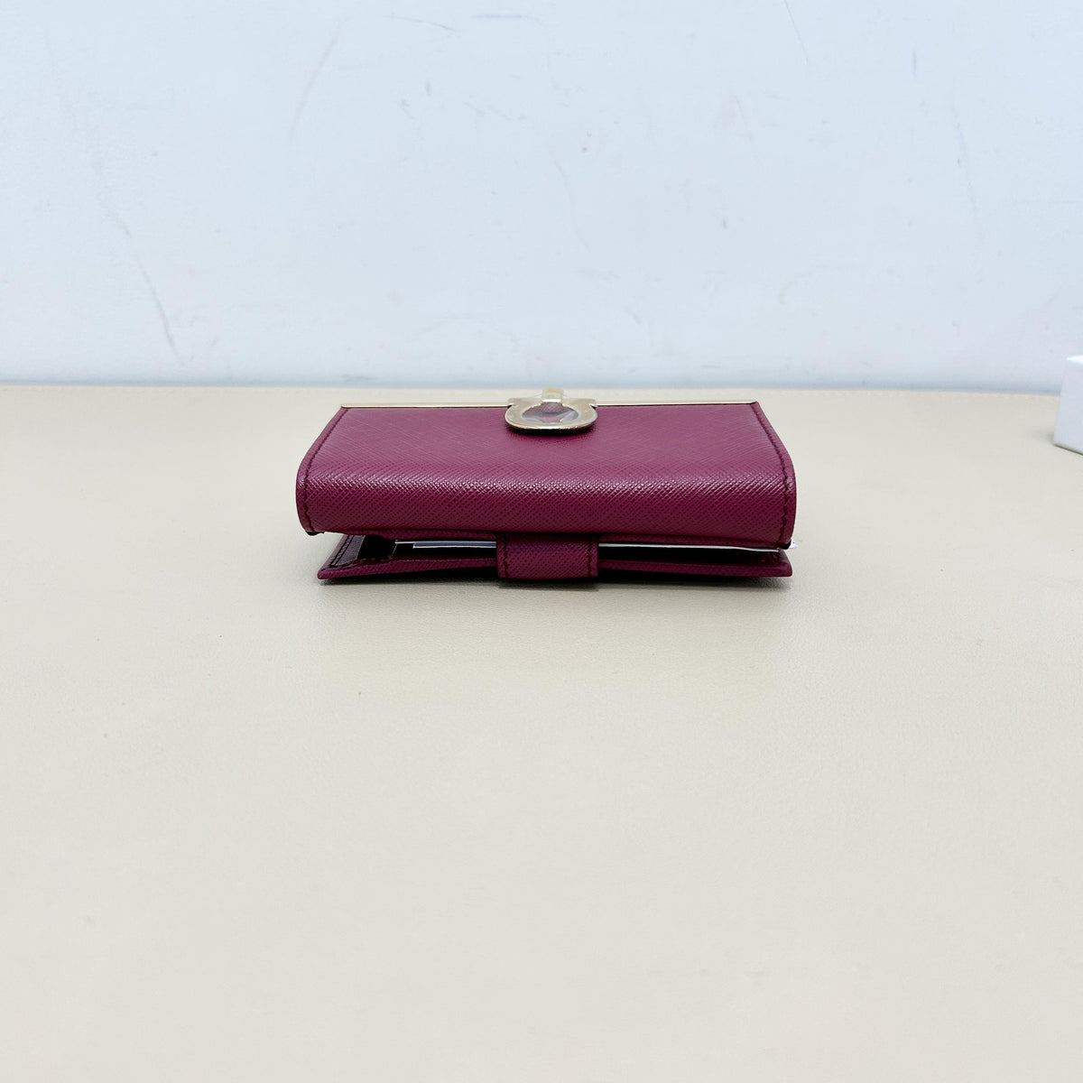 Fuchsia Saffiano Leather Gancini Gold Clasp Trifold Wallet