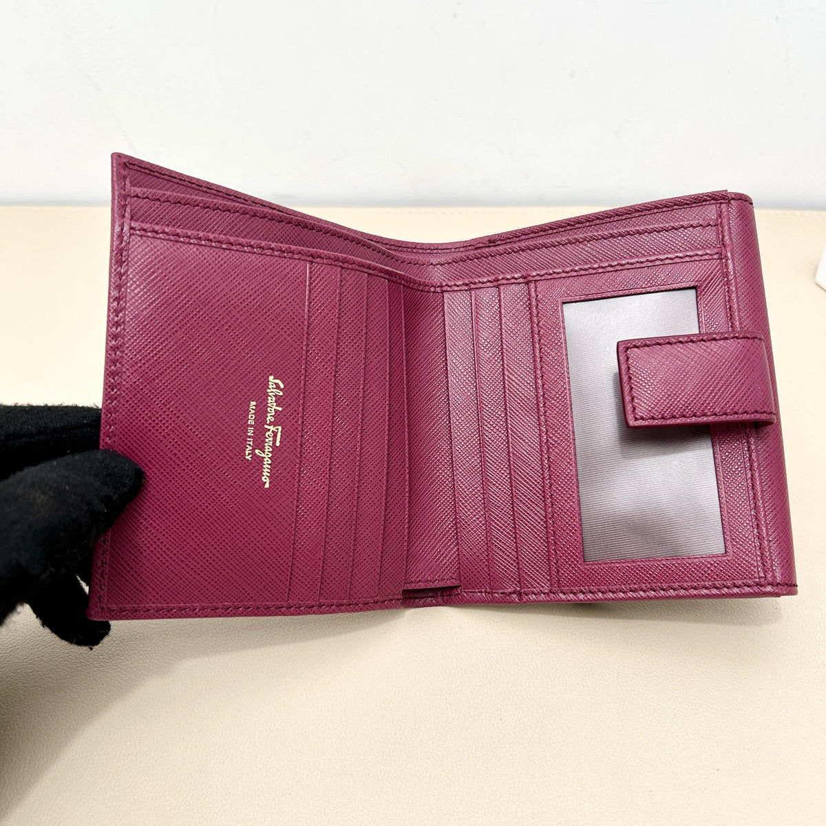 Fuchsia Saffiano Leather Gancini Gold Clasp Trifold Wallet