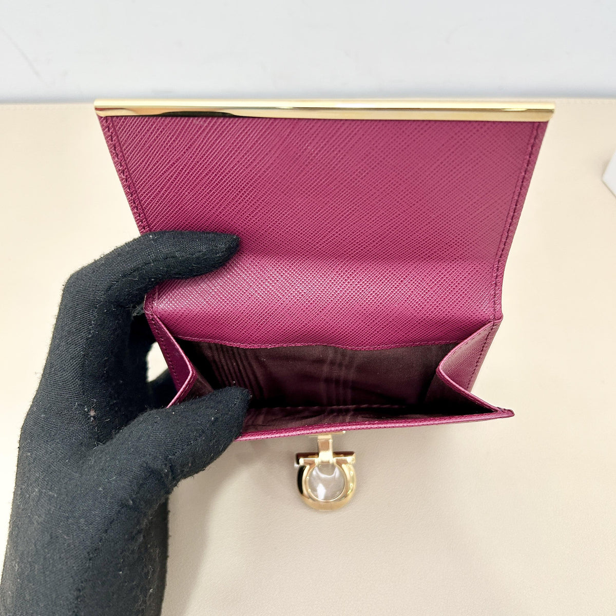 Fuchsia Saffiano Leather Gancini Gold Clasp Trifold Wallet