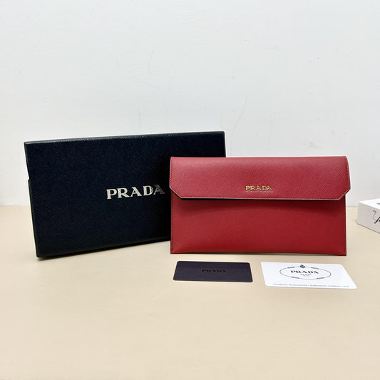 Pre-Owned Prada Red Saffiano Leather Envelope Long Wallet