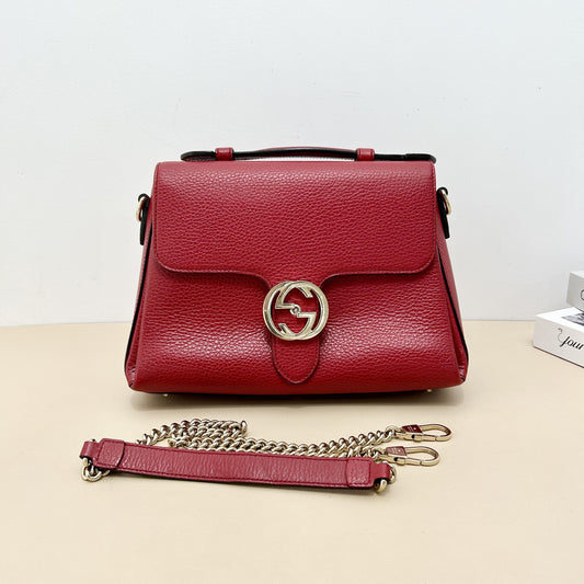 Pre-Owned Gucci Red Grained Leather Interlocking G Top Handle Crossbody Bag