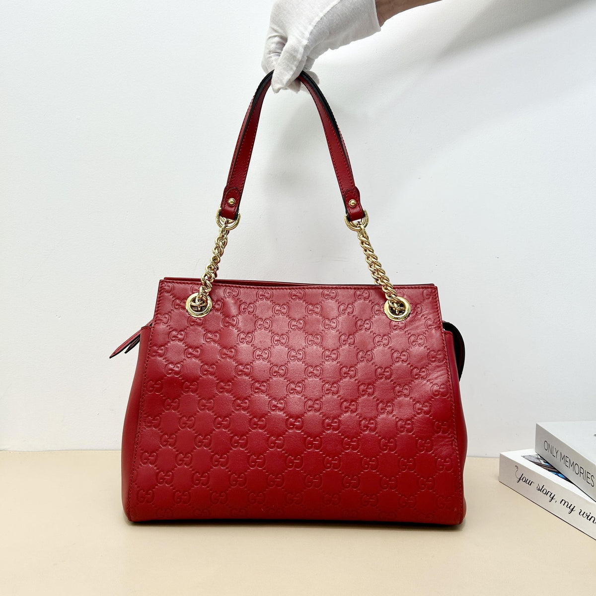Pre-Owned Gucci Red GG Embossed Calfskin Chain Tote Bag