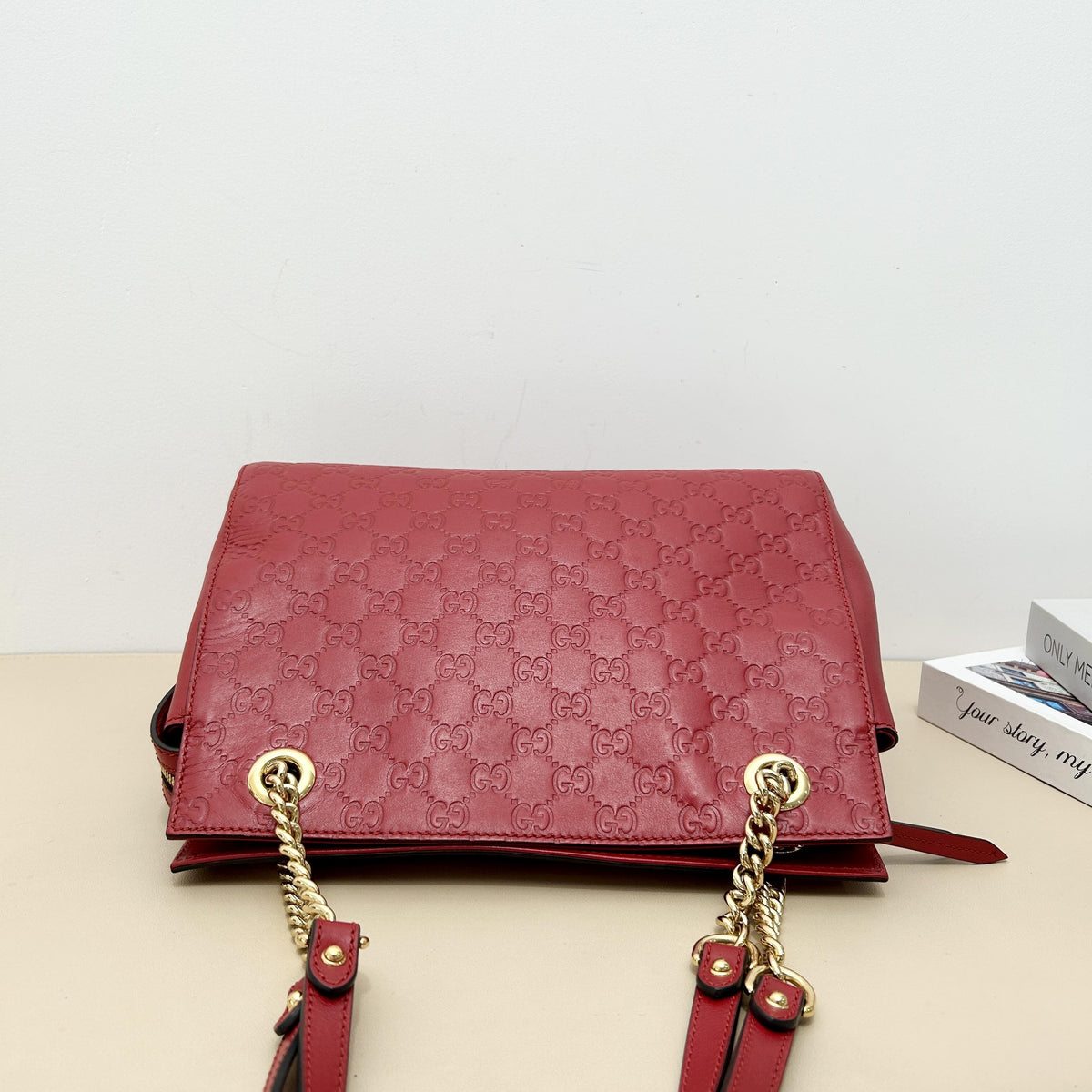 Pre-Owned Gucci Red GG Embossed Calfskin Chain Tote Bag