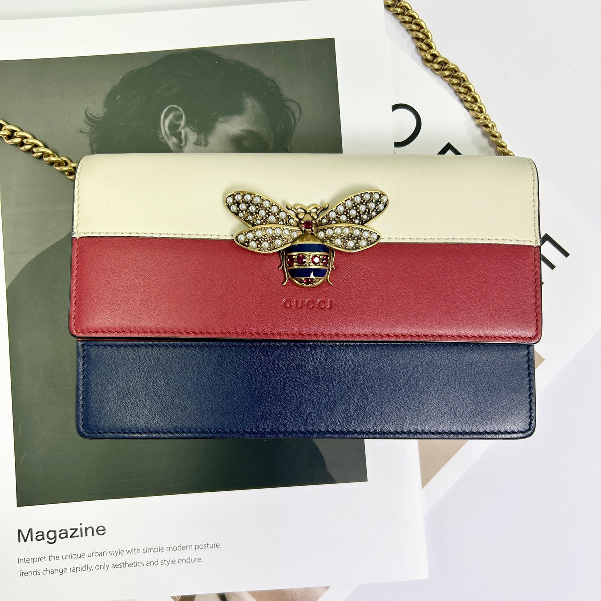 Pre-Owned Gucci Tri-Color Calfskin Long Wallet with Pearl Bee Clasp