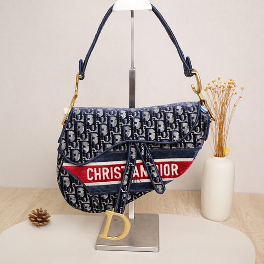 Pre-Owned Dior Saddle Bag Medium Blue Oblique Velvet