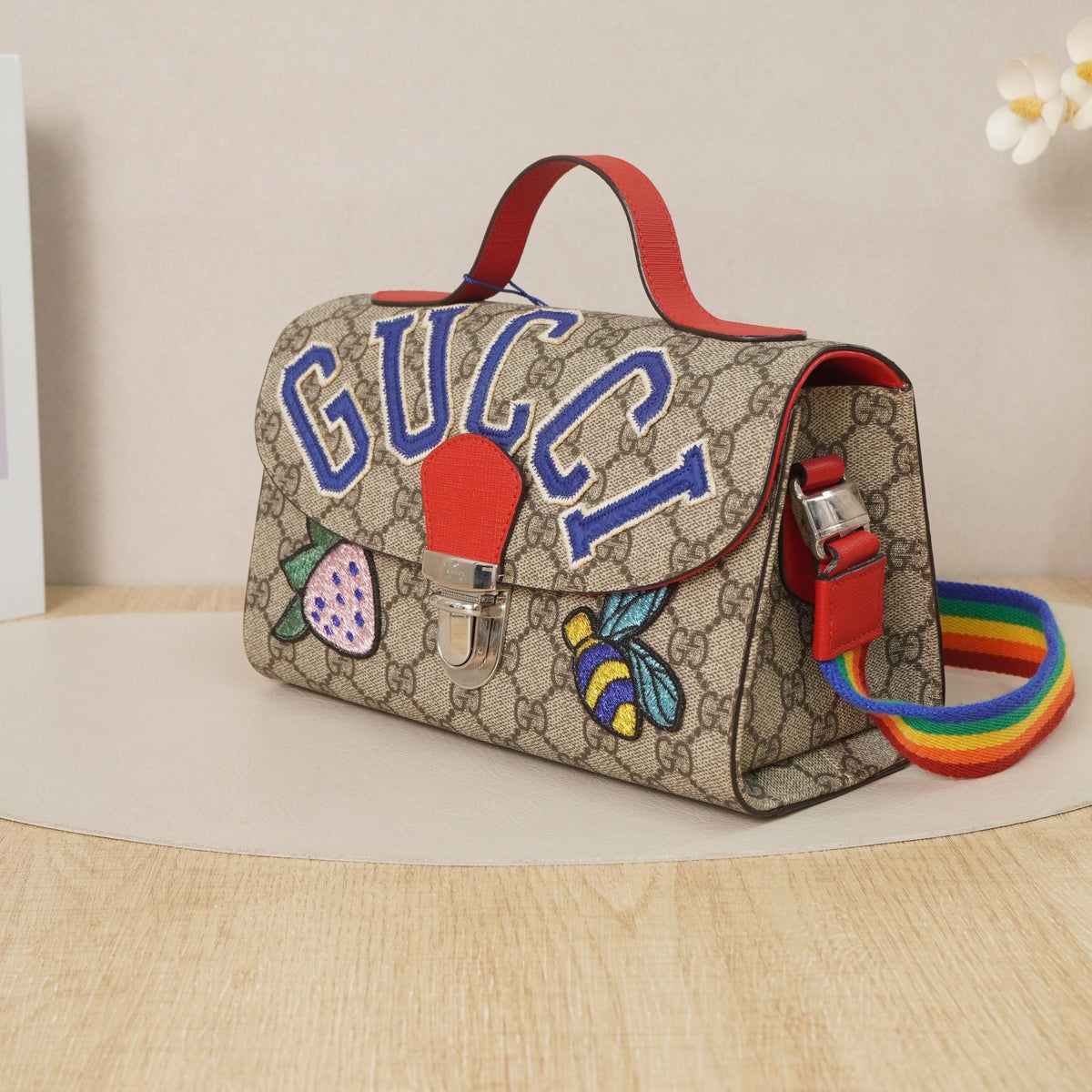 GG Supreme Coated PVC Strawberry Bee Letter Embroidery Handheld Crossbody Bag