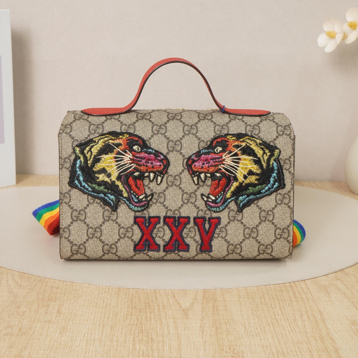 GG Supreme Coated PVC Strawberry Bee Letter Embroidery Handheld Crossbody Bag
