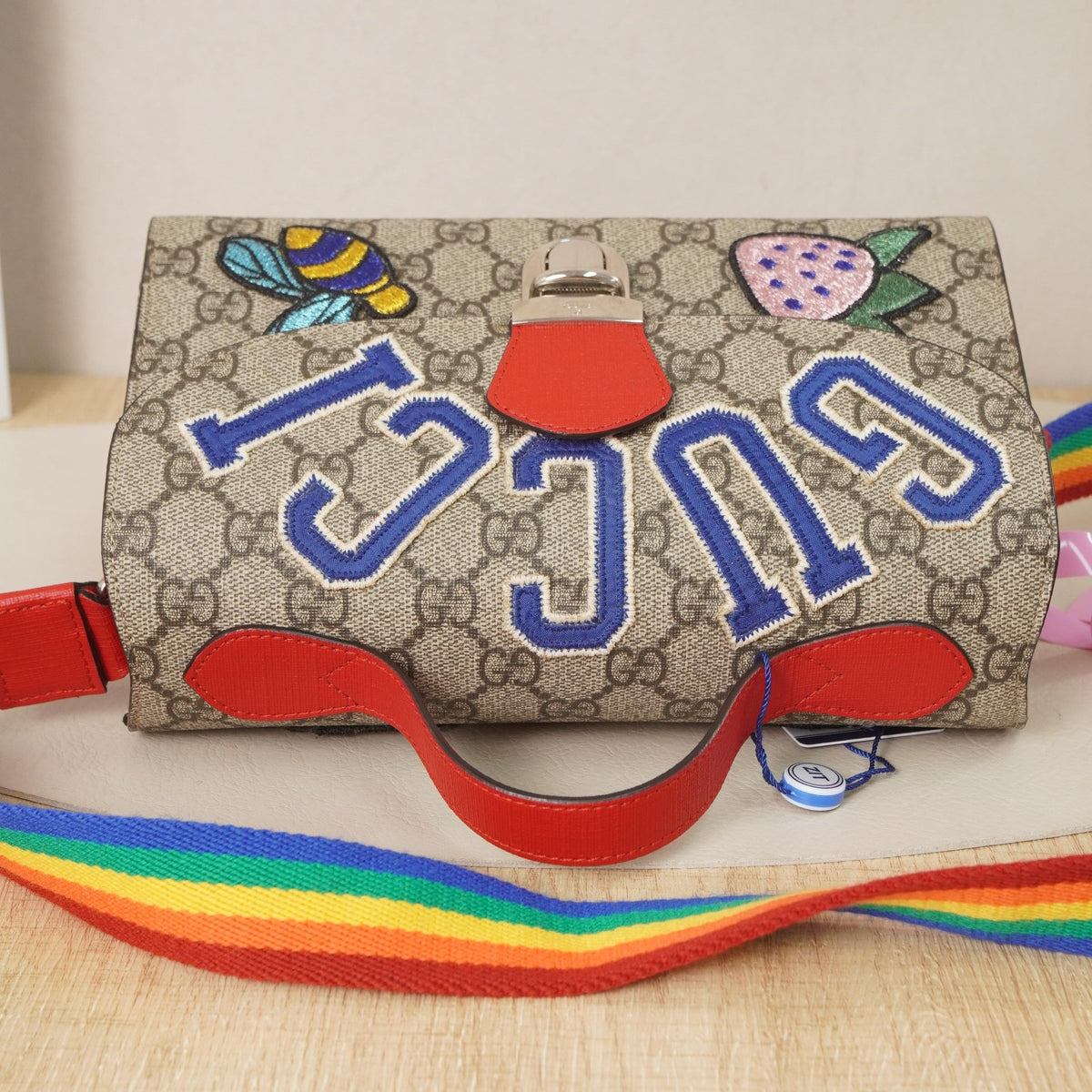 GG Supreme Coated PVC Strawberry Bee Letter Embroidery Handheld Crossbody Bag
