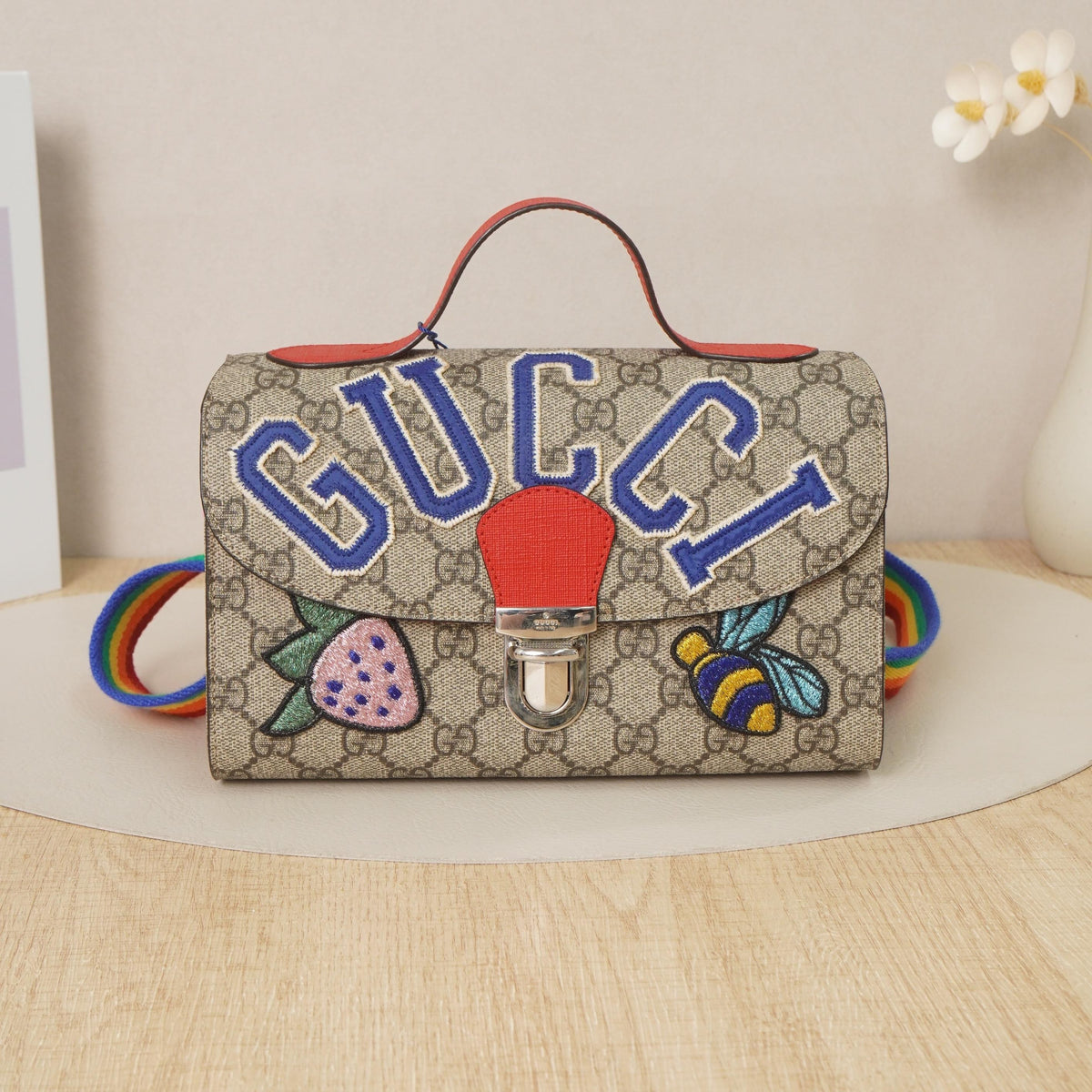 GG Supreme Coated PVC Strawberry Bee Letter Embroidery Handheld Crossbody Bag