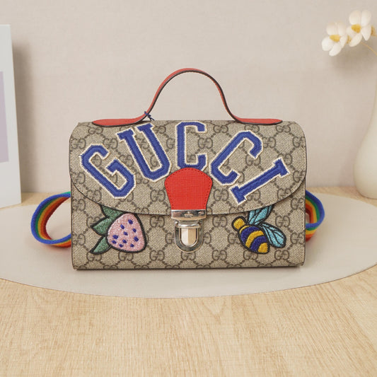 GG Supreme Coated PVC Strawberry Bee Letter Embroidery Handheld Crossbody Bag