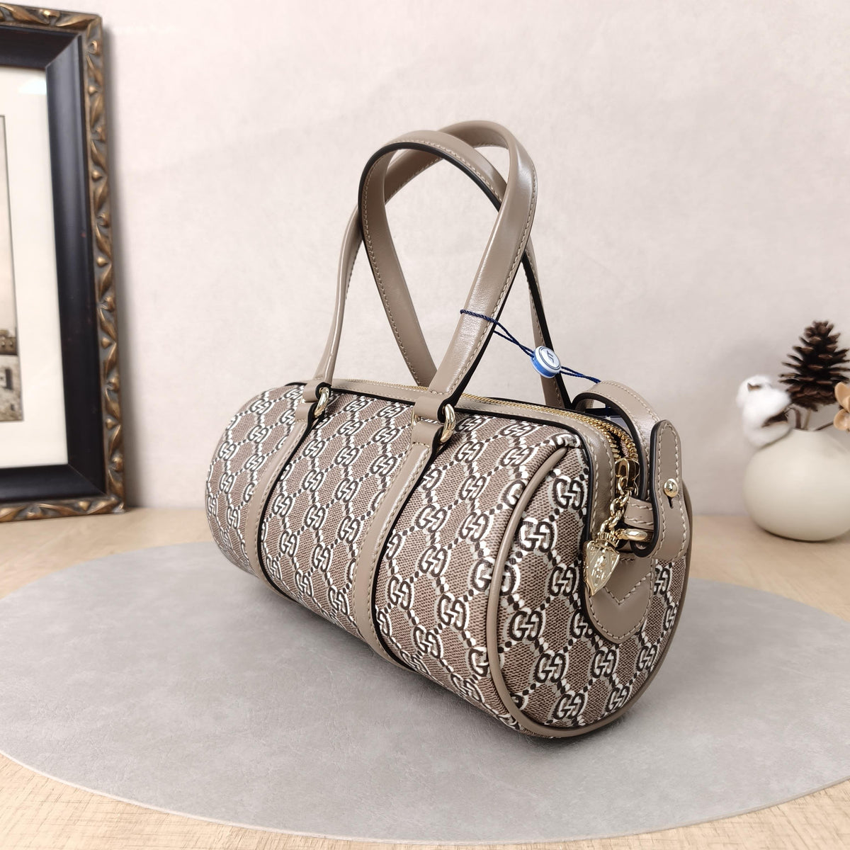 GG Supreme Grey Brown Mini Cylindrical Boston Handheld Crossbody Bag