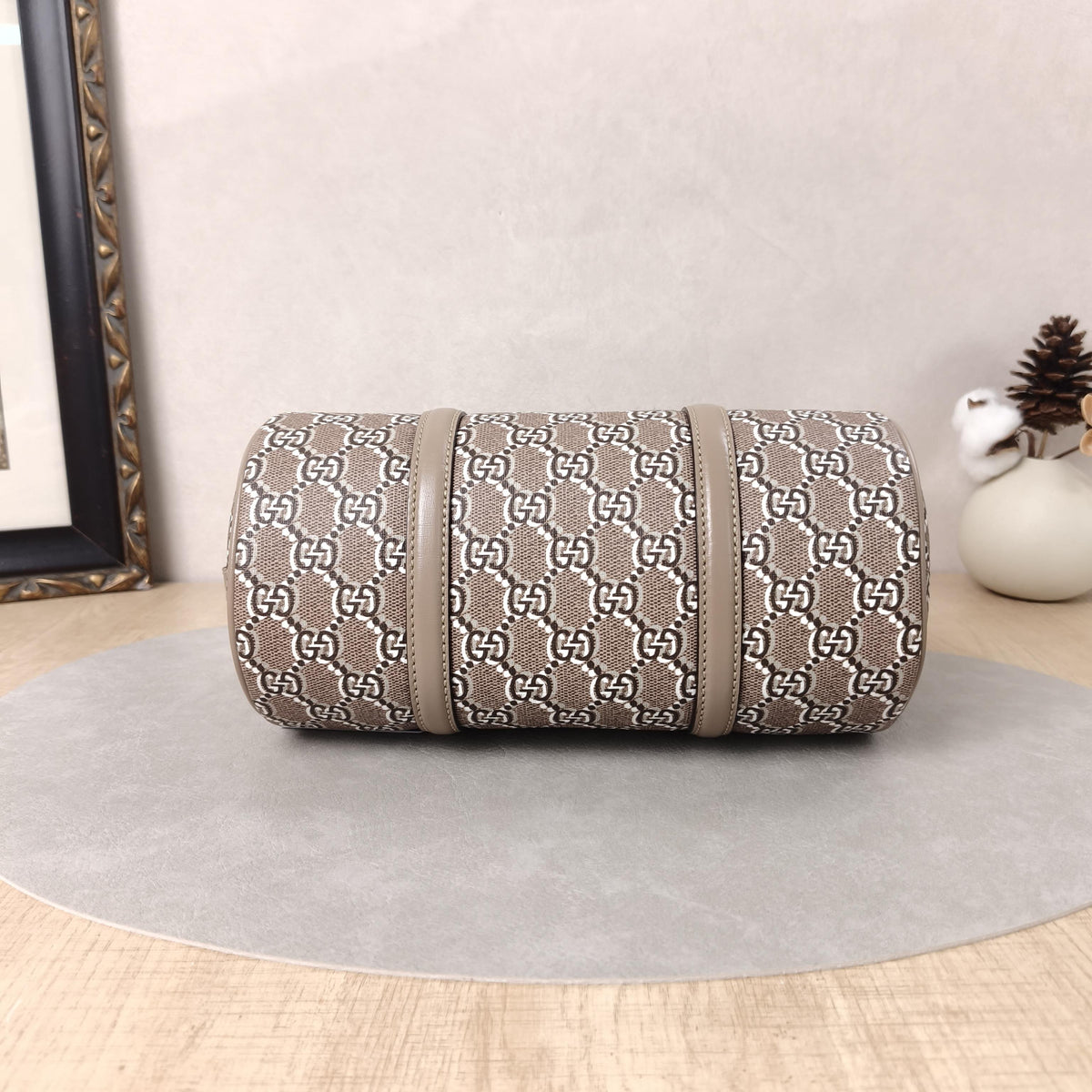 GG Supreme Grey Brown Mini Cylindrical Boston Handheld Crossbody Bag