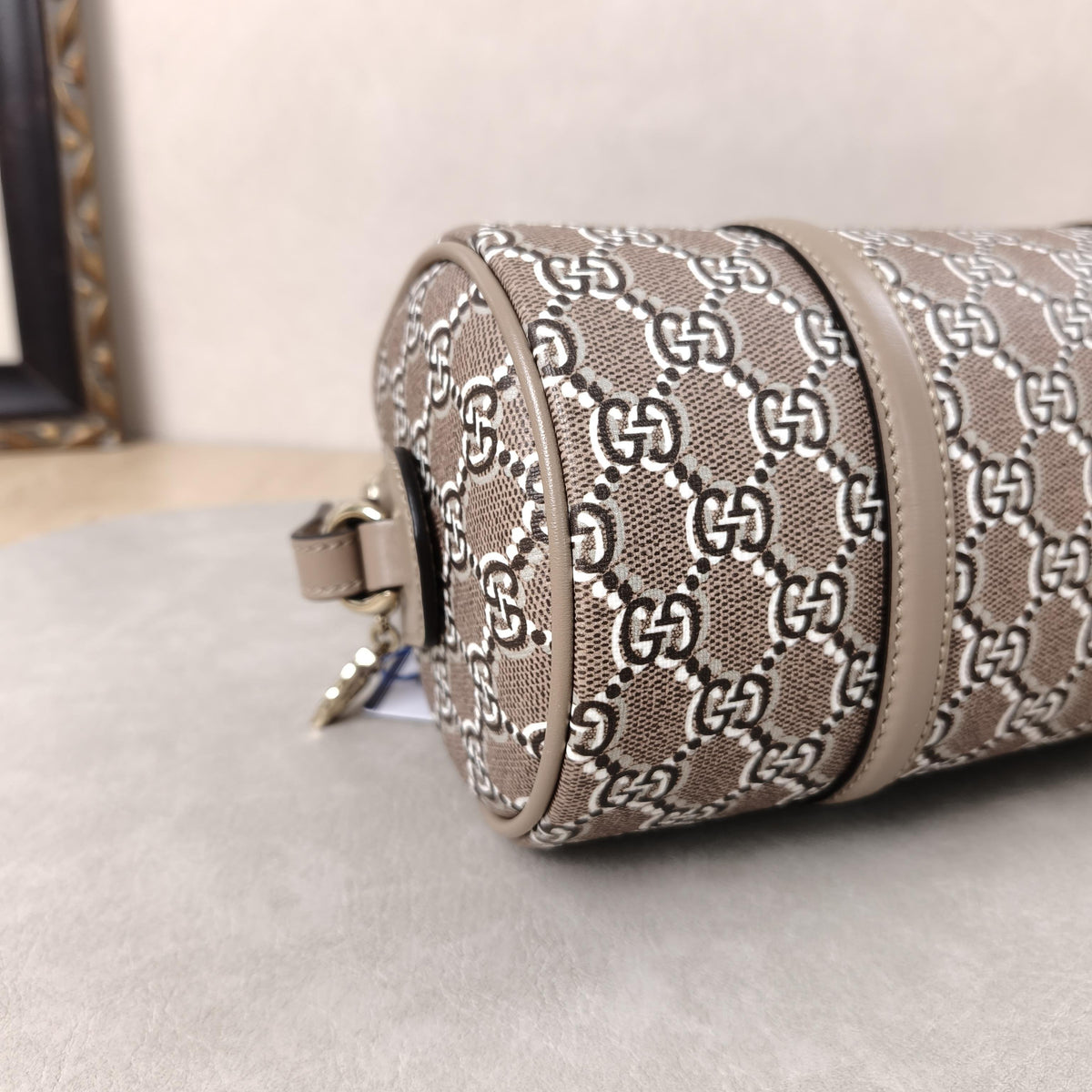 GG Supreme Grey Brown Mini Cylindrical Boston Handheld Crossbody Bag