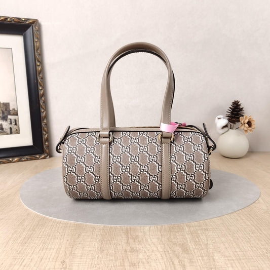 GG Supreme Grey Brown Mini Cylindrical Boston Handheld Crossbody Bag