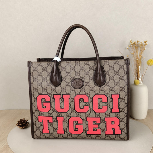 Tiger Limited GG Supreme Canvas Tote Handbag With Brown Leather Trim