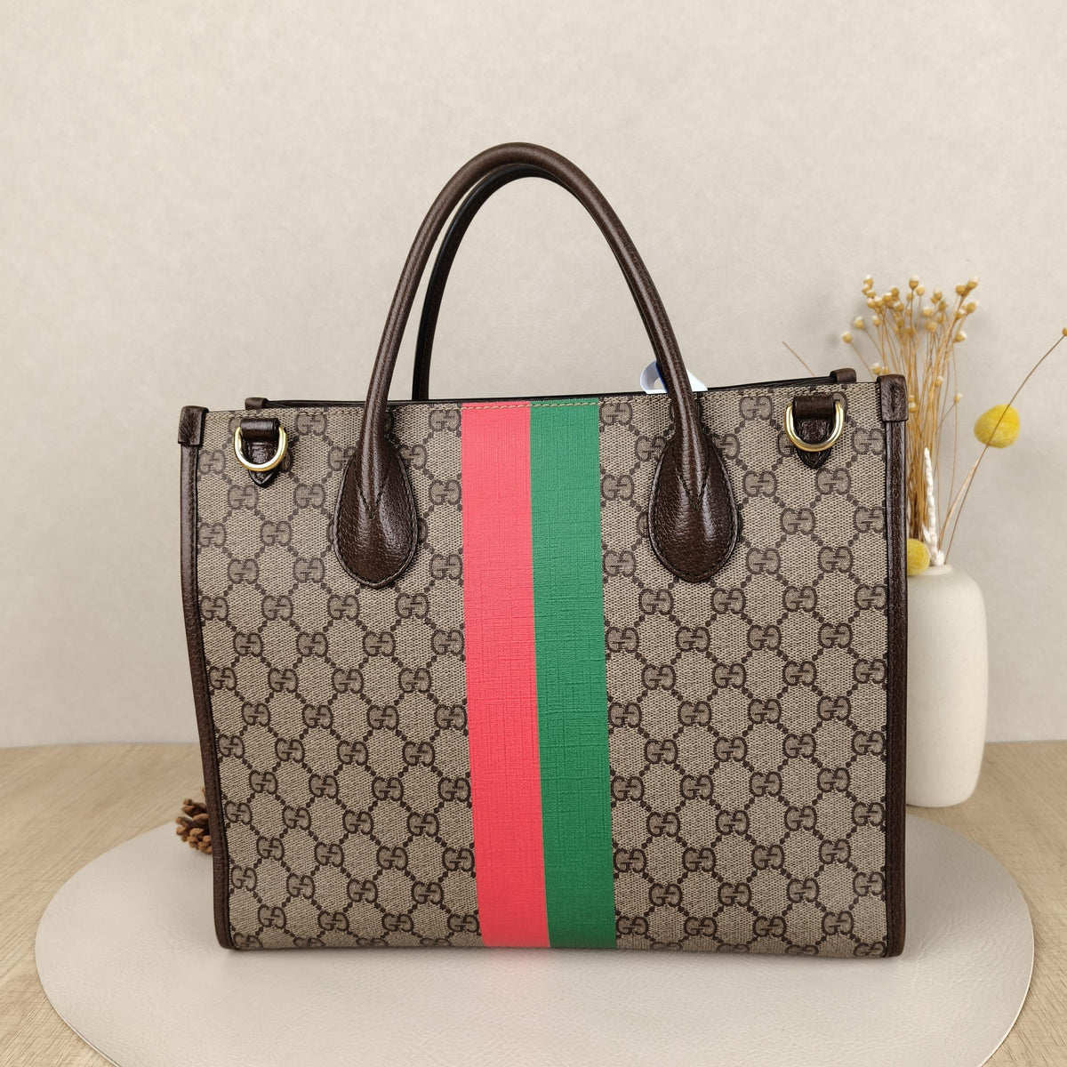 Tiger Limited GG Supreme Canvas Tote Handbag With Brown Leather Trim