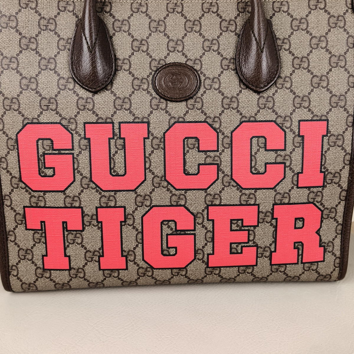 Tiger Limited GG Supreme Canvas Tote Handbag With Brown Leather Trim