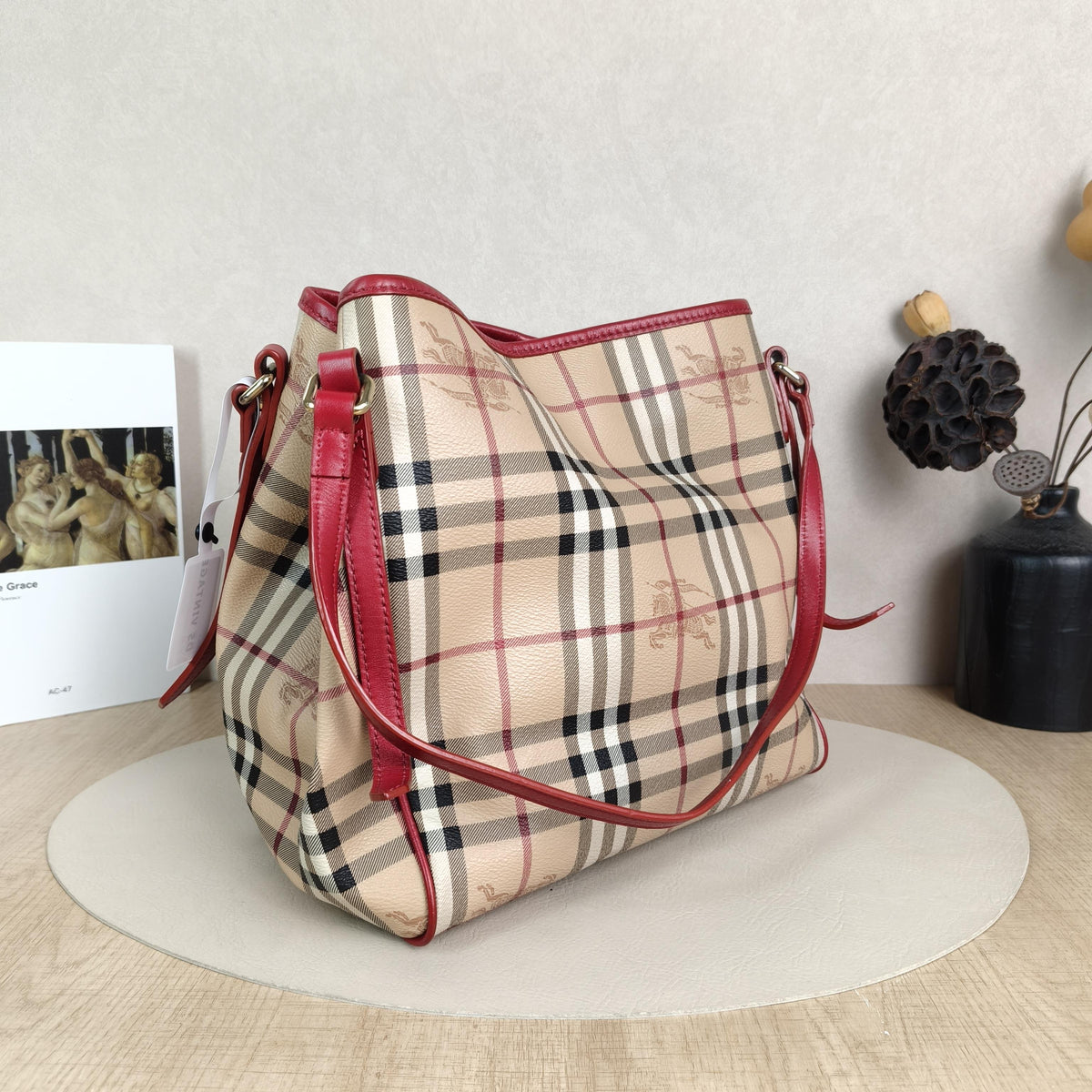 Haymarket Check Burgundy Leather Trim Hobo Tote Shoulder Bag