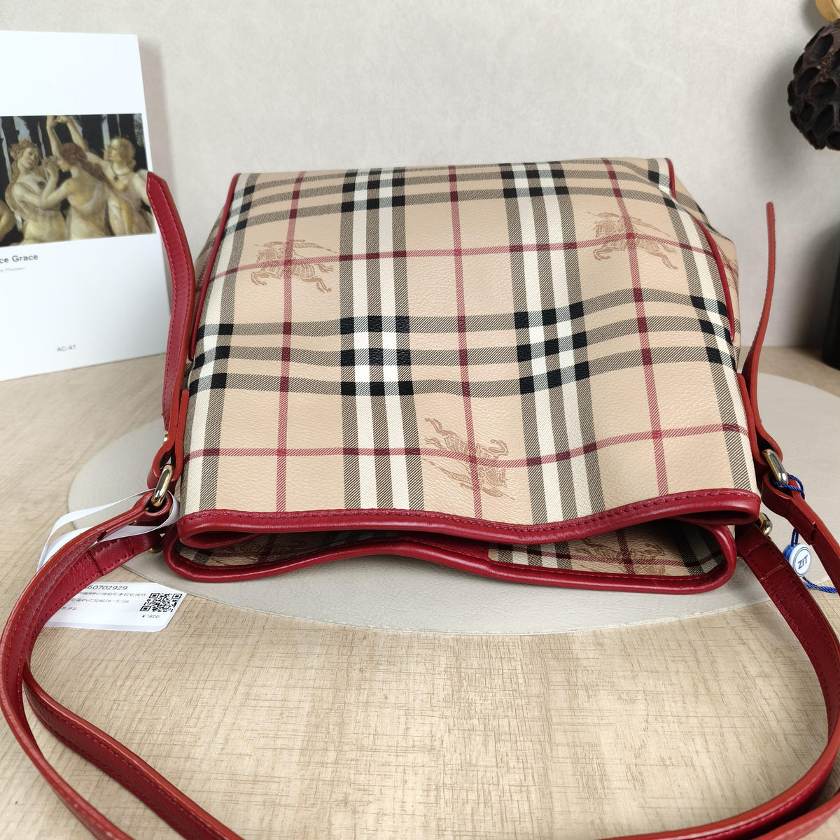 Haymarket Check Burgundy Leather Trim Hobo Tote Shoulder Bag