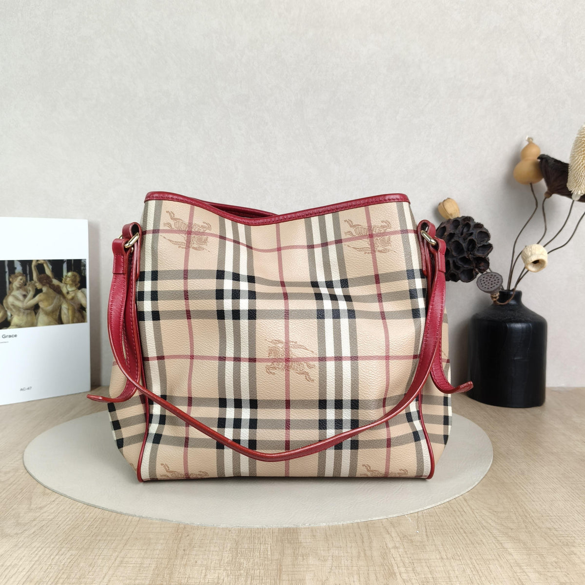 Haymarket Check Burgundy Leather Trim Hobo Tote Shoulder Bag