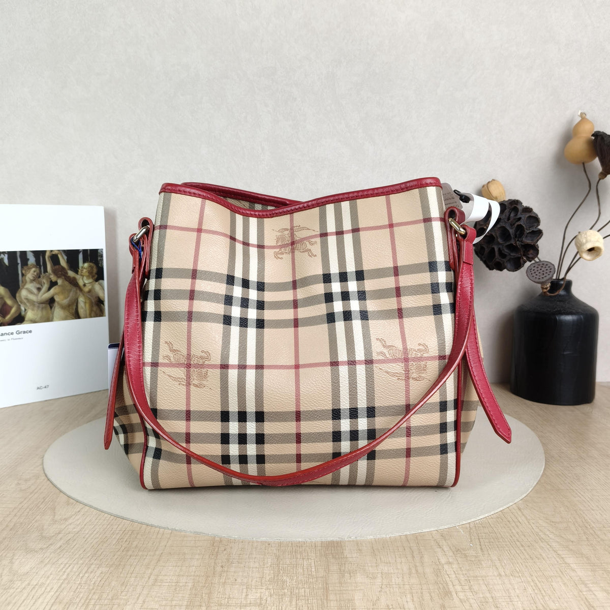 Haymarket Check Burgundy Leather Trim Hobo Tote Shoulder Bag