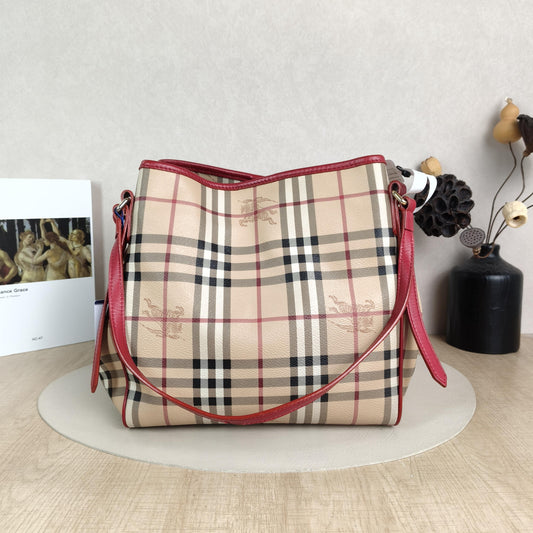 Haymarket Check Burgundy Leather Trim Hobo Tote Shoulder Bag
