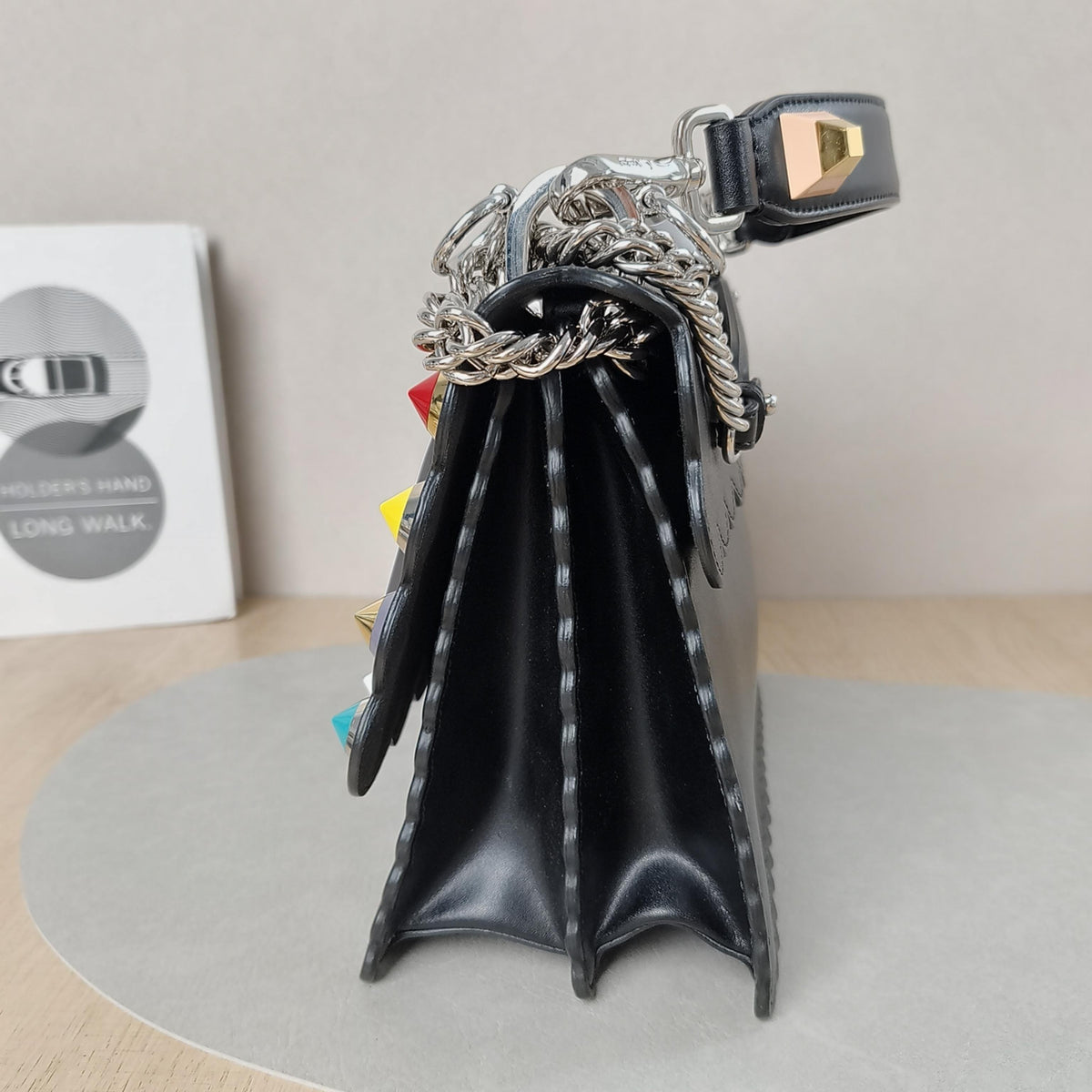 Fendi KAN I Black Leather Colorful Stud Scalloped Shoulder Bag