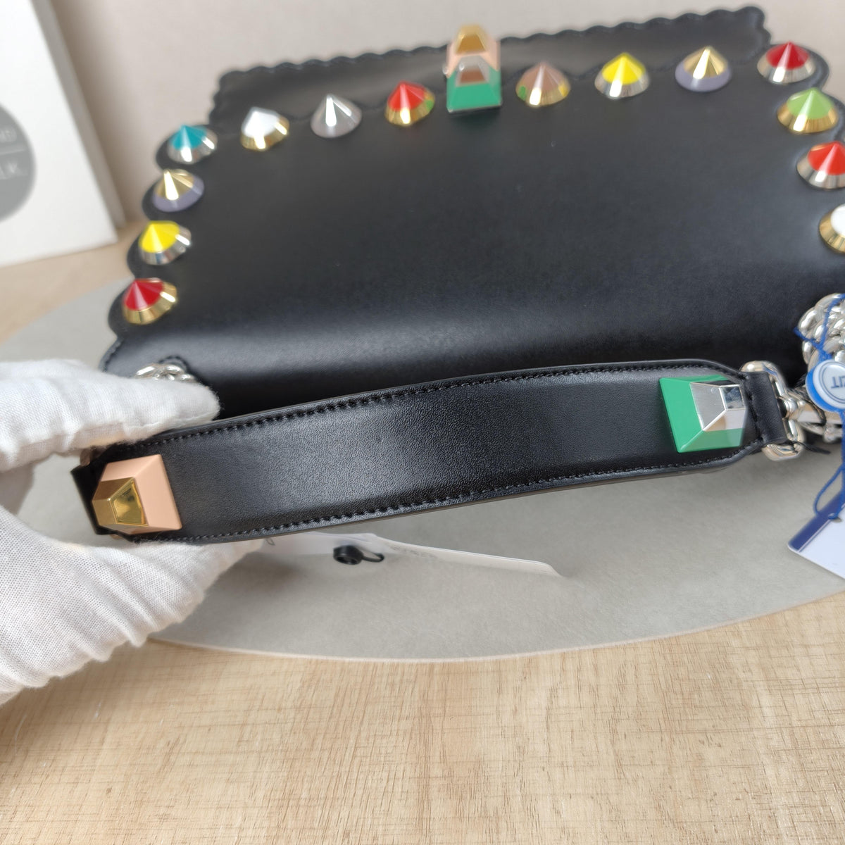 Fendi KAN I Black Leather Colorful Stud Scalloped Shoulder Bag