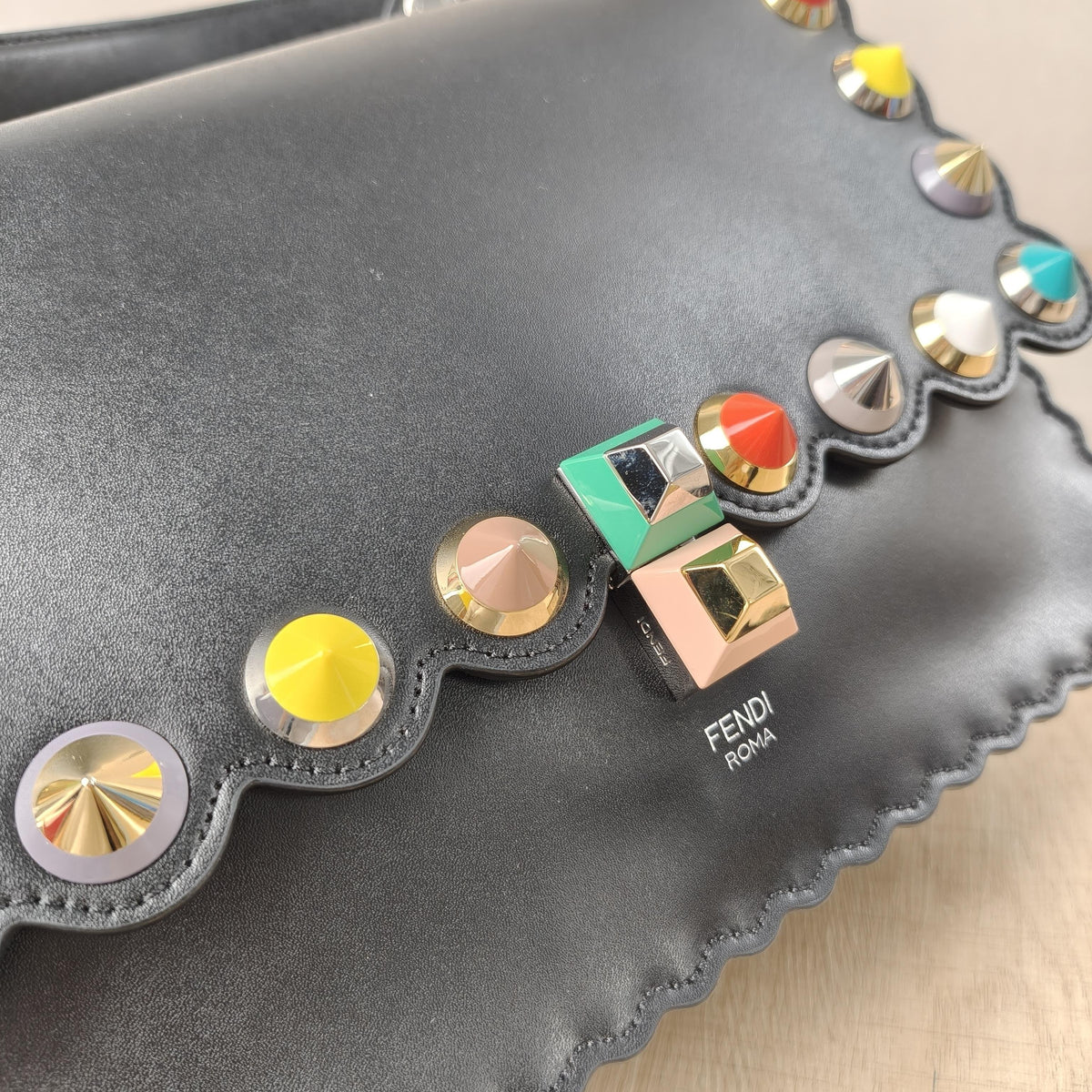 Fendi KAN I Black Leather Colorful Stud Scalloped Shoulder Bag