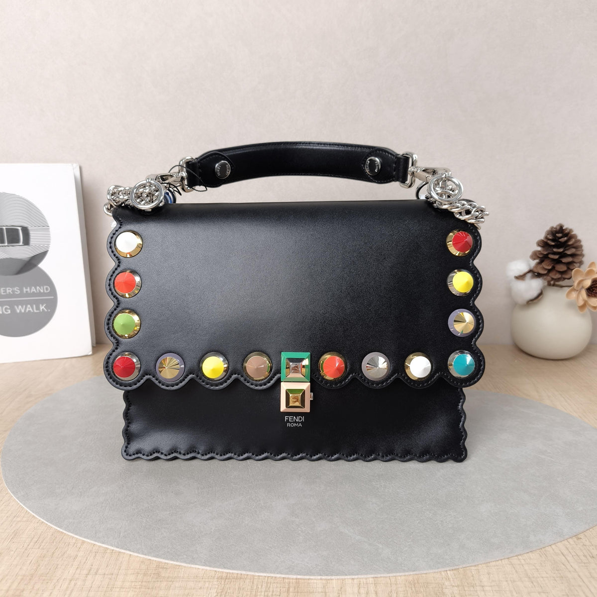 Fendi KAN I Black Leather Colorful Stud Scalloped Shoulder Bag