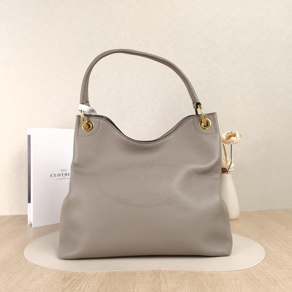 Prada Elephant Grey Vitello Daino Leather Vintage Hobo Shoulder Bag