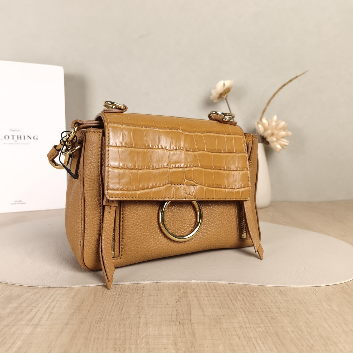 Faye Caramel Croc Embossed Crossbody Bag