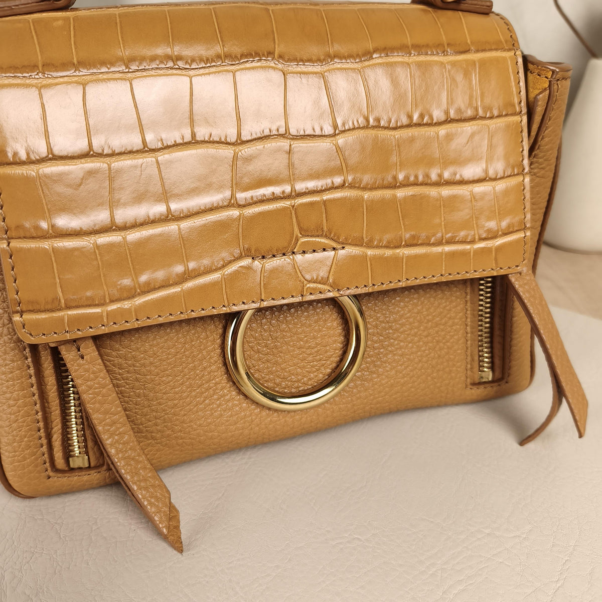 Faye Caramel Croc Embossed Crossbody Bag