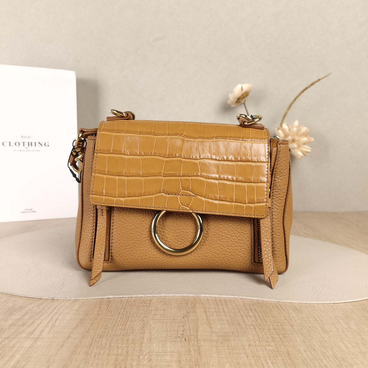 Faye Caramel Croc Embossed Crossbody Bag