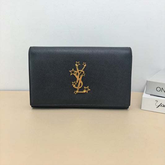 Pre-owned Yves Saint Laurent Calfskin Crossbody Bags Black Grain Leather Star Logo Chain Wallet Crossbody Bag