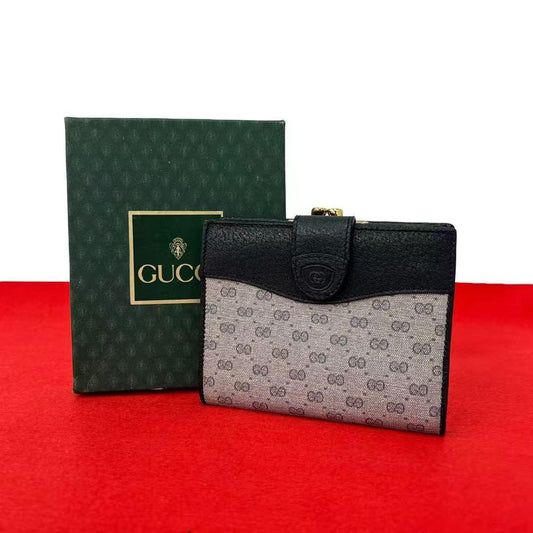 Pre-owned GUCCI Canvas Small Leather Goods Vintage Micro GG Bi Fold Wallet Black Leather Trim Kisslock Coin Purse