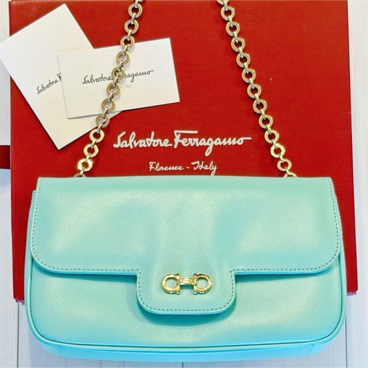 Tiffany Blue Saffiano Leather Gancini Chain Shoulder Bag
