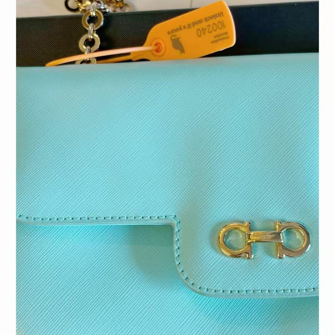 Tiffany Blue Saffiano Leather Gancini Chain Shoulder Bag