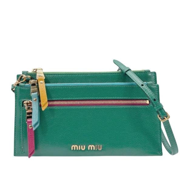 Pre-owned miu miu Calfskin Crossbody Bags Green Grain Leather Colorful Zip Detail Crossbody Pouch