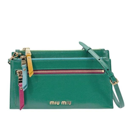 Pre-owned miu miu Calfskin Crossbody Bags Green Grain Leather Colorful Zip Detail Crossbody Pouch