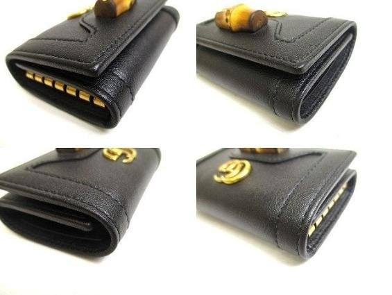 Pre-owned GUCCI Calfskin Small Leather Goods Black Grain Leather Interlocking GG Natural Bamboo Clasp Key Case