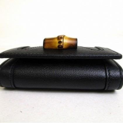 Pre-owned GUCCI Calfskin Small Leather Goods Black Grain Leather Interlocking GG Natural Bamboo Clasp Key Case