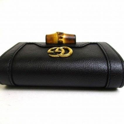 Pre-owned GUCCI Calfskin Small Leather Goods Black Grain Leather Interlocking GG Natural Bamboo Clasp Key Case
