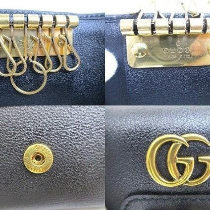 Pre-owned GUCCI Calfskin Small Leather Goods Black Grain Leather Interlocking GG Natural Bamboo Clasp Key Case