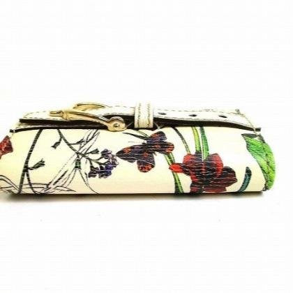 Pre-owned GUCCI Calfskin Small Leather Goods Flora Butterfly Print Horsebit Buckle Strap Short Key Case