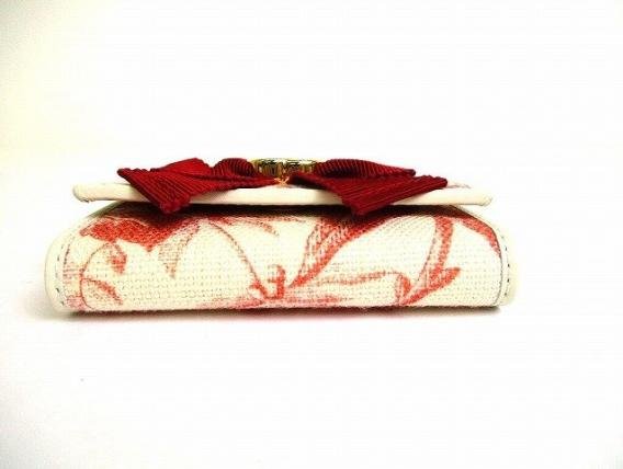Pre-owned GUCCI Coated Canvas Small Leather Goods Off white Red Floral Print Corduroy Bow Interlocking GG Short Wallet