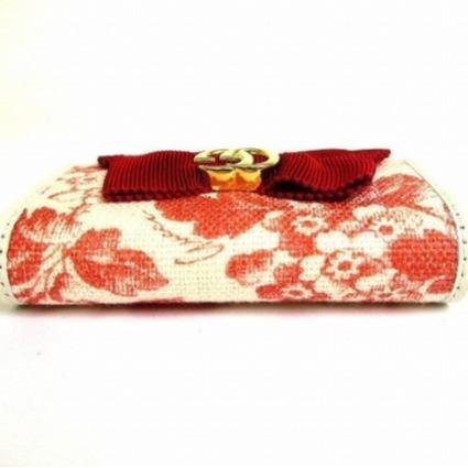 Pre-owned GUCCI Coated Canvas Small Leather Goods Off white Red Floral Print Corduroy Bow Interlocking GG Short Wallet