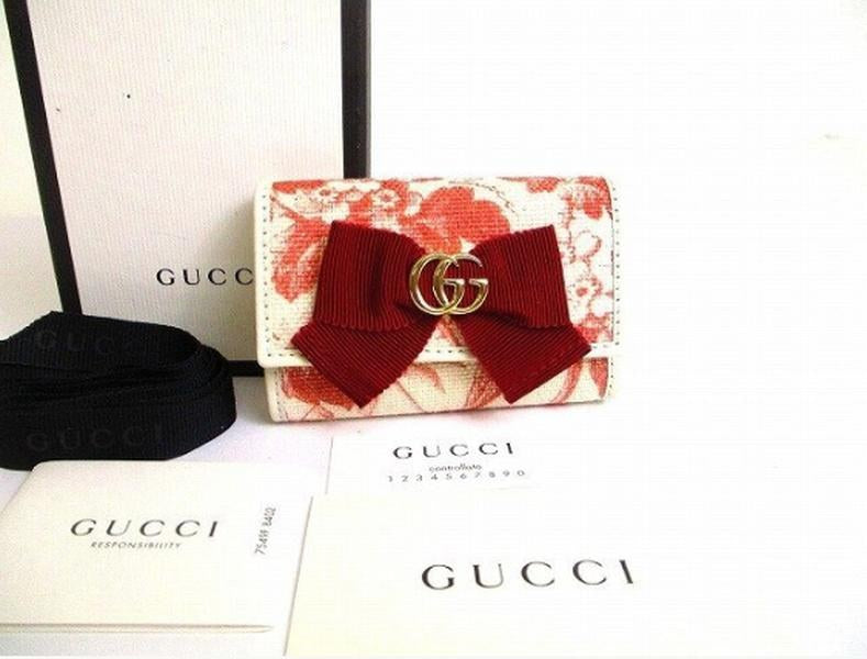 Pre-owned GUCCI Coated Canvas Small Leather Goods Off white Red Floral Print Corduroy Bow Interlocking GG Short Wallet