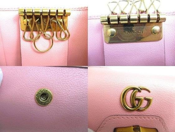 Pre-owned GUCCI Calfskin Small Leather Goods Pink Grain Leather Interlocking GG Natural Bamboo Clasp Key Case