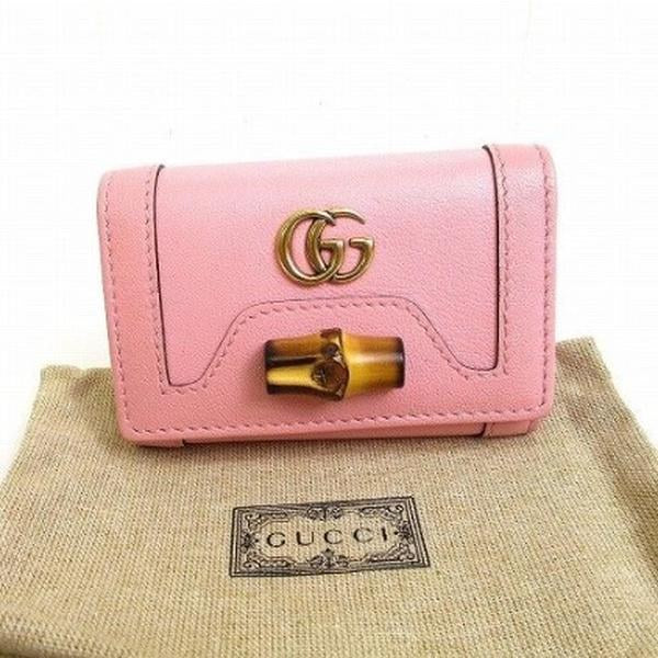 Pre-owned GUCCI Calfskin Small Leather Goods Pink Grain Leather Interlocking GG Natural Bamboo Clasp Key Case